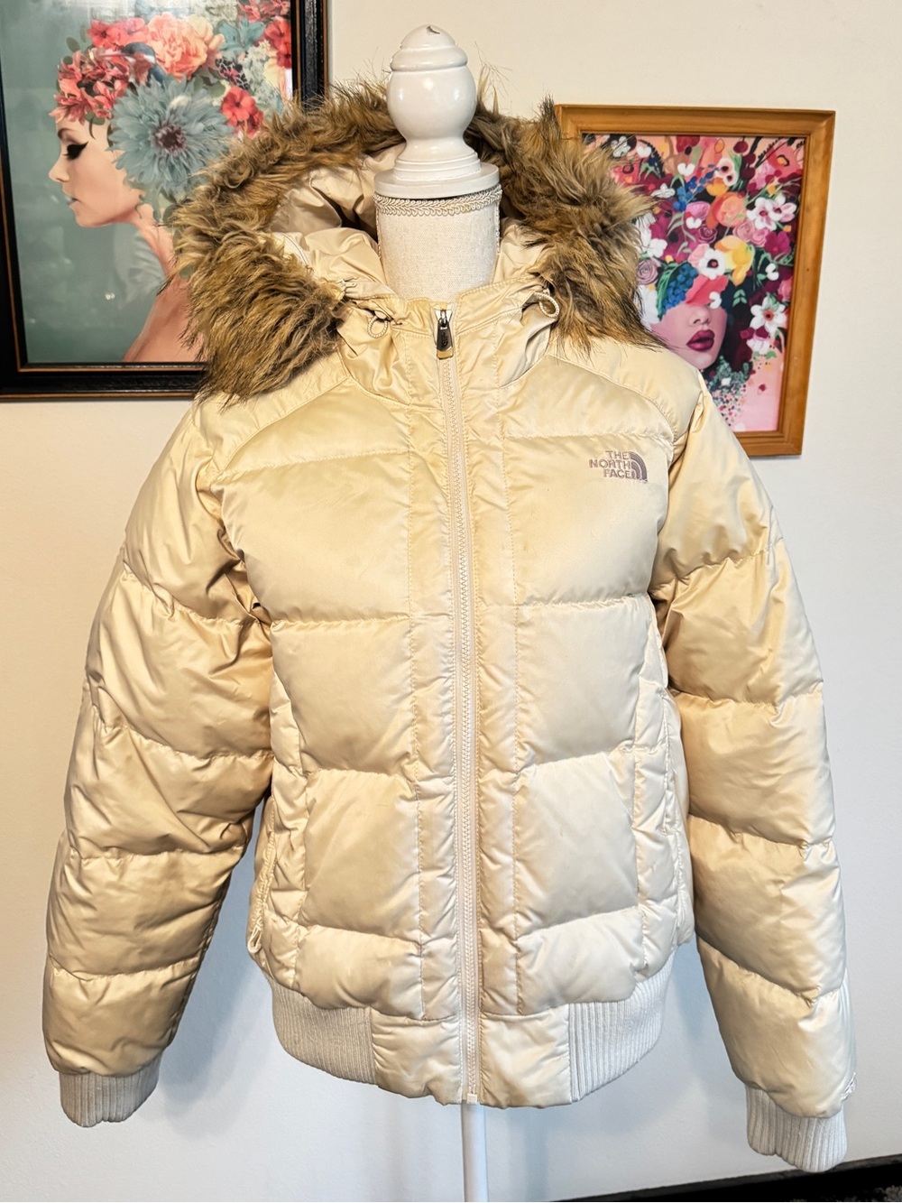 The North Face Beige Hooded Puffer Coat with Faux Fur Trim